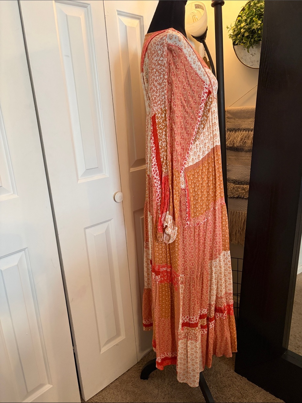 Aura Bohemian Patchwork Paisley Midi Dress in Coral, Cream, Rust - Picture 3 of 9